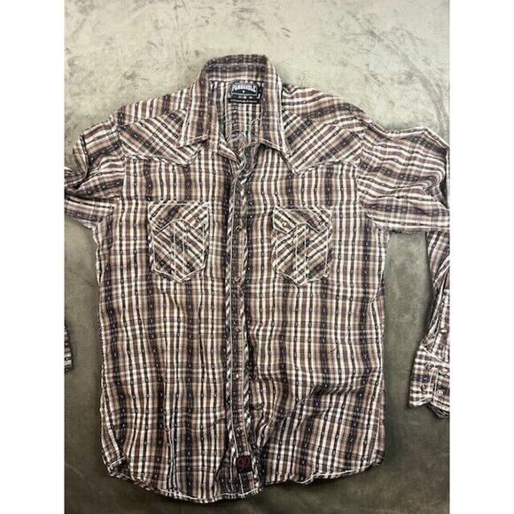 Panhandle Shirt Adult Large 90 Proof Western Cowboy Brown Plaid Pearl Snap Cross - Picture 1 of 7